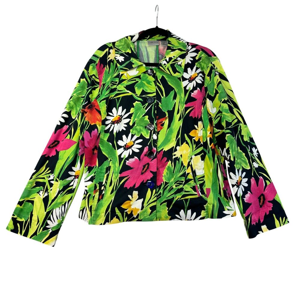 Chicos Jacket Women's 2 Large Green Floral Long Sleeve Button Up Casual Stretch